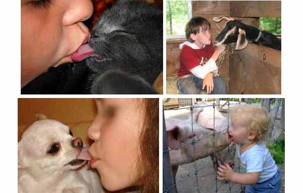 Photographs of people Kissing animals on the tongue